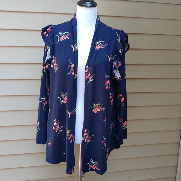 Isaac Liev Dark Blue Floral Print Cardigan Top Open-Front Long Sleeves Ruffle - Picture 2 of 11